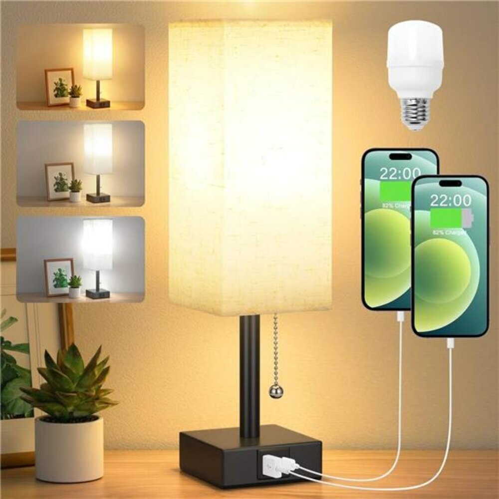 Bedside Table Lamp with USB Ports 3 Color Modes Nightstand Lamp for Bedroom